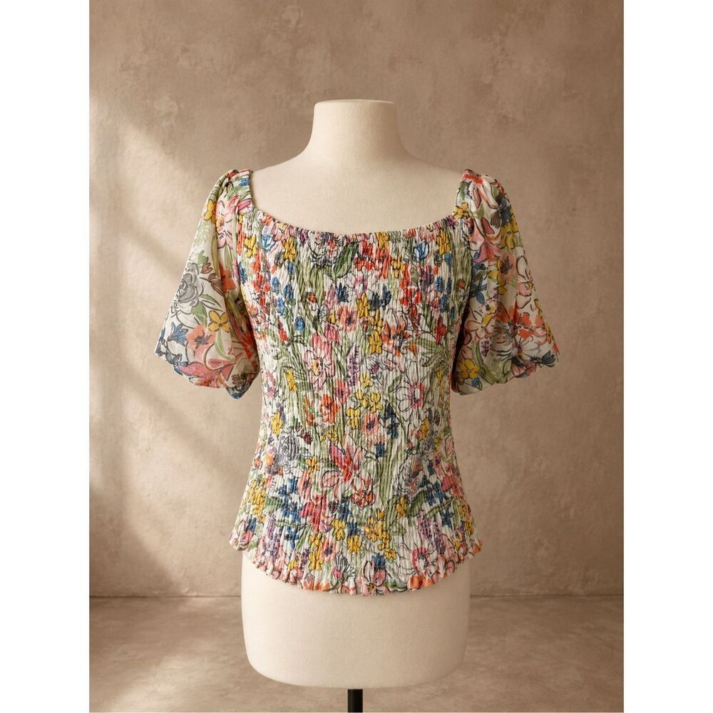 Anthropologie Smocked Floral Puff Sleeve Top Multicolor Size L Stretchy Summer B - Picture 4 of 13